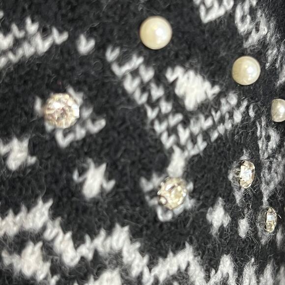 CeCe Womens Fair Isle Embellished Sweater 2X Black White Beaded Rhinestone - Picture 4 of 8